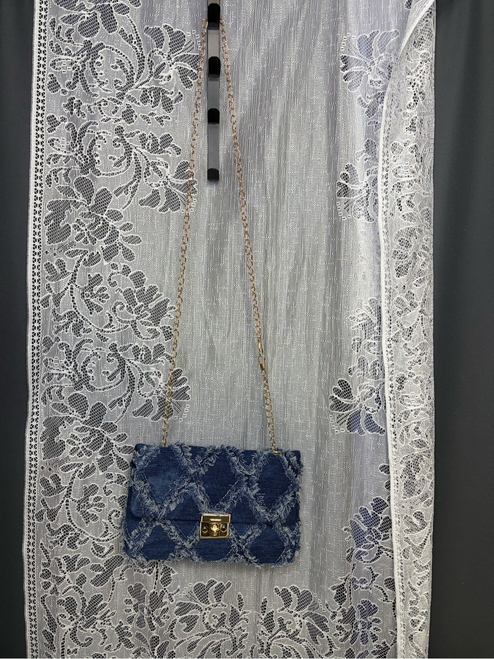 Denim Fringe Chain Shoulder Bag - Blue - Picture 2 of 3